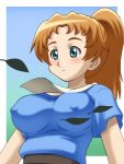  belt blue_eyes blush breasts cloud embarrassed erect_nipples frown gradient grass impossible_clothes large_breasts leaf long_hair orange_hair ponytail sky solo 