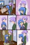  2girls bleach comic girls_playing_games hiiragi_kagami hug izumi_konata kagamin_bocchi long_hair lucky_star mountain_pukuichi playstation sad translated tsundere 