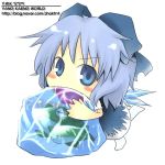  blue_eyes blue_hair blush bow chibi cirno frog hair_bow ice_cube solo touhou wings 