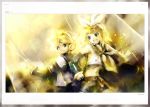  blue_eyes detached_sleeves headphones highres kagamine_len kagamine_rin kei_(artist) midriff ribbon ribbons short_hair shorts siblings twins vocaloid 