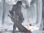  armor belt berserker blade blood bracer cleaver club fate/stay_night fate_(series) fog forest game_cg giant huge_weapon illyasviel_von_einzbern loincloth long_hair my_brute nature rags rampage size_difference snow sword takeuchi_takashi weapon white_hair winter wolf 