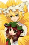  2girls animal_ears averted_eyes blonde_hair brown_eyes brown_hair cat_ears cat_tail chen earrings eating fang food fox_tail hand_on_another&#039;s_head hat hat_with_ears jewelry light_smile looking_at_viewer mob_cap multiple_girls multiple_tails open_mouth short_hair tail taiyaki tassel touhou wagashi yakumo_ran yellow_eyes yuichi_(kaitsuki) 