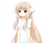  blonde_hair brown_eyes chobits flat_chest hair_tubes mani out-of-frame_censoring robot_ears shirt white_shirt 