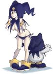  1girl 1other atlus_(company) back-to-back bikini bikini_bottom bikini_top_removed boots breasts cap dual_persona fangs genderswap gijinka girl hat human jack_frost kinuko kinuko_(fever_chill) looking_at_viewer megami_tensei no_bra persona personification shin_megami_tensei side-tie_bikini snowman swimsuit 