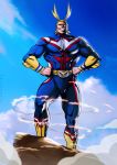  1boy all_might blonde_hair boku_no_hero_academia boots dandon_fuga male_focus muscle power_lines rock sky smile solo 