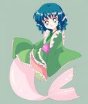  1990s_(style) 1girl animal_ears blue_eyes blue_hair dress drill_hair frilled_dress frills full_body hanadi_detazo head_fins highres japanese_clothes kimono long_sleeves looking_at_viewer mermaid monster_girl obi open_mouth sash short_hair simple_background smile solo touhou wakasagihime wide_sleeves 