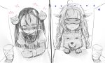  ... 2girls :t blush bosako_(haguhagu) closed_mouth cup drinking_glass fox goggles greyscale haguhagu_(rinjuu_circus) horns jitome juliet_sleeves long_hair long_sleeves looking_at_viewer messy_hair monochrome multiple_girls original pointy_ears puffy_sleeves purple-haired_loli_(haguhagu) tibetan_sand_fox twintails 