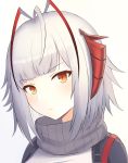  1girl antenna_hair arknights bangs black_jacket closed_mouth eyebrows_visible_through_hair grey_scarf grey_shirt hair_ornament highres horns jacket looking_at_viewer medium_hair red_eyes scarf shirt simple_background snow_dusk solo upper_body w_(arknights) white_hair 