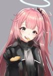  1girl :d ambriel_(arknights) arknights bangs black_gloves black_jacket commentary_request eyebrows_visible_through_hair food food_in_mouth gloves grey_background grey_eyes grey_shirt halo head_tilt holding holding_food jacket long_hair looking_at_viewer mouth_hold one_side_up open_mouth pink_hair shirt simple_background smile solo upper_body yuzuruka_(bougainvillea) 