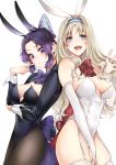  2girls :d animal_ears bare_shoulders black_legwear blonde_hair blue_eyes blush bow bowtie breasts bunny_girl bunnysuit darling_in_the_franxx elbow_gloves garter_straps gloves hair_ornament hairband highres kimetsu_no_yaiba kochou_shinobu kokoro_(darling_in_the_franxx) kyarotto_(zenkixd) long_hair multiple_girls open_mouth pantyhose purple_hair rabbit_ears simple_background smile teeth thigh-highs violet_eyes white_background white_gloves white_legwear 