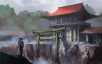  1other architecture building clouds commentary_request east_asian_architecture fog from_behind gloves hat long_sleeves miso_katsu original outdoors pagoda scenery sky solo standing tagme torii tree water waterfall 