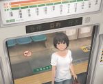  1girl black_hair chair dark_skin denim from_above ground_vehicle jeans looking_up map no_smoking original pants short_hair smile solo suitcase tan tanline train train_interior train_station train_station_platform yajirushi_(chanoma) 