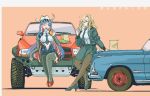  2girls bag bangs black_footwear black_legwear blonde_hair blue_eyes blue_hair bomber_jacket breasts car cowboy_hat drinking drinking_straw eating eyebrows_visible_through_hair eyewear_on_head food ground_vehicle hamburger hat high_heels highres holding hornet_(kantai_collection) jacket kantai_collection large_breasts long_hair long_sleeves motor_vehicle multicolored_hair multiple_girls necktie one_eye_closed open_mouth pantyhose paper_bag pencil_skirt red_footwear redhead simple_background sitting skirt south_dakota_(kantai_collection) star_(symbol) sunglasses thrux translation_request truck two-tone_background vehicle_request white_hair 