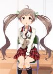  1girl :o ahoge bangs between_legs black_legwear blush brown_eyes brown_hair buttons chair collared_shirt commentary emblem feet_out_of_frame finger_to_chin folding_chair green_ribbon hair_ribbon hakozaki_serika hand_between_legs hand_up highres idolmaster idolmaster_million_live! idolmaster_million_live!_theater_days index_finger_raised indoors jacket kneehighs long_hair long_sleeves looking_away looking_up miniskirt necktie on_chair open_mouth plaid plaid_skirt pleated_skirt rauto red_skirt ribbon school_uniform shirt sitting skirt solo twintails very_long_hair white_jacket white_shirt 