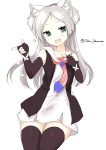  :d american_flag american_flag_print animal_ear_fluff animal_ears azur_lane bangs bare_shoulders black_gloves black_legwear blush cat_ears dress elbow_gloves finger_gun fingerless_gloves flag_print gloves green_eyes highres long_hair ochinsama open_mouth parted_bangs print_neckwear silver_hair simple_background sims_(azur_lane) sitting sleeveless sleeveless_dress smile thigh-highs two_side_up very_long_hair white_background white_dress 