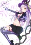  1girl absurdres bangs capelet gloves hair_bun hair_ornament hat highres hololive long_hair long_sleeves looking_at_viewer mello. midriff murasaki_shion navel silver_hair skirt smile solo striped striped_legwear thigh-highs thigh_strap virtual_youtuber witch_hat yellow_eyes 