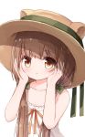  1girl :i animal_ears animal_hat bangs bare_arms bare_shoulders blush bow brown_eyes brown_hair brown_headwear closed_mouth dress eyebrows_visible_through_hair fake_animal_ears green_bow green_ribbon hair_bow hands_in_pockets hands_on_own_cheeks hands_on_own_face hat hat_ribbon long_hair low_twintails orange_ribbon original ribbon simple_background sleeveless sleeveless_dress solo squirrel_ears squirrel_girl_(yuuhagi_(amaretto-no-natsu)) twintails upper_body white_background white_dress yuuhagi_(amaretto-no-natsu) 