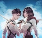  1boy 1girl blue_eyes blue_sky breasts brown_hair brown_scarf clouds dress_shirt half-closed_eyes holding holding_sword holding_weapon levi_(shingeki_no_kyojin) long_sleeves medium_breasts mikasa_ackerman sakuragawanaa scarf shingeki_no_kyojin shirt short_hair sky sword three-dimensional_maneuver_gear upper_body weapon white_shirt 