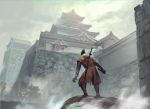  1boy architecture black_hair boots branch castle clouds cloudy_sky commentary east_asian_architecture facing_away fog from_behind holding holding_weapon katana male_focus miso_katsu outdoors scarf scenery sekiro:_shadows_die_twice sheath sheathed sky solo standing sword weapon white_scarf 