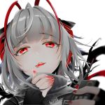 1girl amexame antennae arknights bangs black_gloves commentary eyebrows_visible_through_hair fingerless_gloves gloves highres holding looking_at_viewer nail_polish red_eyes red_nails short_hair silver_hair simple_background smile solo tongue tongue_out w_(arknights) white_background 
