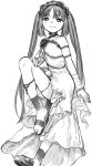  1girl anklet bare_shoulders dress euryale fate/hollow_ataraxia fate_(series) flower greyscale haguhagu_(rinjuu_circus) hairband highres jewelry long_hair looking_at_viewer monochrome rose sandals simple_background smile solo standing twintails very_long_hair white_background 