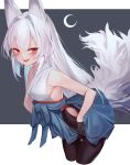  1girl absurdres animal_ears bare_shoulders black_gloves blush borrowed_character eyebrows_visible_through_hair eyes_visible_through_hair fang fox_ears fox_girl fox_tail gloves highres long_hair moon open_mouth original red_eyes short_eyebrows smile solo ssangbong-llama tail two-tone_background white_hair 