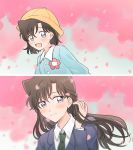  2girls :d bangs blue_eyes blue_jacket blush brown_hair collared_shirt floating_hair green_neckwear haibara_ai hair_between_eyes hat jacket long_hair long_sleeves looking_at_viewer meitantei_conan mouri_ran multiple_girls necktie open_mouth pink_background school_uniform shirt short_hair smile split_screen very_long_hair white_shirt wing_collar yellow_headwear yoshida_ayumi zarutsu 