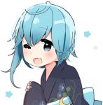  1girl :d blue_eyes blue_hair blush crescent crescent_moon_pin ears_visible_through_hair eyebrows_visible_through_hair fang floral_print japanese_clothes kantai_collection kimono looking_at_viewer minazuki_(kantai_collection) one_eye_closed open_mouth short_hair_with_long_locks smile solo upper_body white_background yoru_nai yukata 