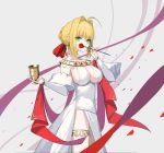  1girl ahoge alternate_costume blonde_hair breasts commentary_request detached_sleeves eyebrows_visible_through_hair fate/grand_order fate_(series) flower goblet green_eyes hair_ribbon highres large_breasts looking_at_viewer nail_polish nero_claudius_(fate) nero_claudius_(fate)_(all) petals ribbon rikui_(rella2930) rose solo thighlet 