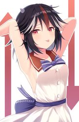  1girl :p armpits arms_behind_head black_hair blush collarbone eyebrows_visible_through_hair highres horns kijin_seija kkkk12103 looking_at_viewer multicolored_hair red_eyes redhead short_hair solo streaked_hair tongue tongue_out touhou white_hair 