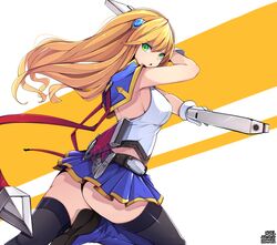  1girl blazblue blonde_hair boots breasts ddangbi firearm gloves green_eyes gun hair_ornament hairclip large_breasts long_hair noel_vermillion pleated_skirt skirt sleeveless solo thigh-highs weapon 