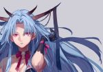  1girl bell black_gloves blue_hair collarbone eyebrows_visible_through_hair face gloves grey_background highres horns long_hair neck_ribbon original parted_lips pink_eyes purple_ribbon ribbon simple_background solo upper_body user_hgra8838 