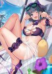  1girl akusema alternate_costume azur_lane bangs bare_shoulders beach beach_chair beach_umbrella bikini bird black-framed_eyewear blue_sky blunt_bangs blurry_foreground blush breasts cheshire_(azur_lane) cheshire_(summery_date!)_(azur_lane) chick clouds day earrings eyebrows_visible_through_hair eyewear_on_head fang flower hair_ribbon hands_up highres jewelry knee_up large_breasts leg_garter leg_up looking_at_viewer maid_headdress manjuu_(azur_lane) multicolored_hair navel neck_ribbon ocean one_eye_closed open_mouth outdoors palm_tree paw_pose purple_bikini purple_flower purple_footwear raised_eyebrows reclining ribbon sandals see-through shiny shiny_hair short_hair sky smile sparkle strapless strapless_bikini sunglasses sweat swimsuit thighs tree two-tone_hair umbrella 