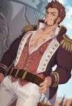  1boy abs absurdres bara beard belt blue_eyes brown_hair chest clouds cloudy_sky commentary_request facial_hair fate/grand_order fate_(series) hand_on_hip highres kamome_hika looking_at_viewer male_focus muscle napoleon_bonaparte_(fate/grand_order) open_clothes open_shirt pants pectorals scar sky smile solo standing tree uniform weapon 