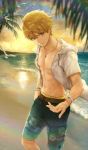  1boy arthur_pendragon_(fate) bare_chest beach bird blonde_hair blue_shorts bracelet clouds cowboy_shot craft_essence fate/grand_order fate/prototype fate_(series) floral_print green_eyes hero_on_the_beach jacket jewelry kouzuki_kei looking_at_viewer male_focus male_swimwear necklace official_art open_clothes open_jacket outdoors palm_tree print_shorts seagull shorts sky smile solo standing summer sunset swim_trunks swimwear tree water white_jacket 