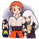  2girls artist_name closed_mouth do_m_kaeru fire_emblem fire_emblem:_three_houses garreg_mach_monastery_uniform holding lantern leonie_pinelli long_hair long_sleeves lysithea_von_ordelia multiple_girls orange_eyes orange_hair pink_eyes short_hair simple_background uniform upper_body white_hair 