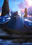  clouds commentary_request copyright_name day gen_3_pokemon glowing glowing_eyes ice legendary_pokemon looking_at_viewer no_humans otsumami_(bu-bu-heaven) outdoors pokemon pokemon_(creature) regice shiny sky solo 
