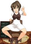  1girl blush brown_footwear brown_hair carpet coin dress embarrassed feathers green_eyes haruhisky highres money octopath_traveler ok_sign open_mouth ponytail price_list shoes short_dress short_hair sitting solo tressa_(octopath_traveler) 