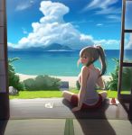  1girl animal bird blue_sky blush clouds day eyebrows_visible_through_hair fan food fruit grey_hair highres kantai_collection long_hair looking_back maku_ro ocean open_mouth orange_eyes paper_fan plate ponytail red_shorts rock seagull shorts sitting sky solo tatami uchiwa watermelon wind_chime yuubari_(kantai_collection) 