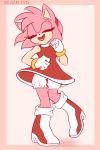  1girl amy_rose animal_ears artist_name bangs bare_shoulders bloomers boots border breasts closed_eyes commentary dancing dated dress english_commentary full_body furry gloves hairband hand_up happy heart heart_in_mouth high_heels highres knee_boots knees_together_feet_apart leg_up open_mouth pink_background pink_border pink_hair red_dress red_footwear red_hairband short_hair simple_background sleeveless sleeveless_dress small_breasts smile solo sonic_the_hedgehog spacecolonie standing standing_on_one_leg thigh_gap underwear watermark white_bloomers white_gloves 