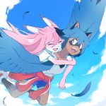  2girls :d animal_ears blue_hair blue_shorts blue_sky blue_wings brand_new_animal clothes_around_waist clouds day feathers flying fox_ears fox_girl furry green_eyes highres hiwatashi_nazuna hoyon hug hug_from_behind jacket jacket_around_waist kagemori_michiru long_hair looking_at_another multicolored_hair multiple_girls open_mouth pink_hair raccoon_ears raccoon_girl red_jacket short_hair shorts sky smile teeth upper_teeth wings 