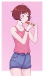  1girl border brown_eyes brown_hair camisole cheshirrr closed_mouth cowboy_shot eating food highres holding holding_food holding_pizza original pink_background pizza pizza_slice short_hair short_shorts shorts solo standing white_border wristband 