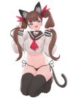 1girl :d absurdres animal_ear_fluff animal_ears black_choker black_legwear black_panties blue_eyes blush breast_pocket breasts brown_hair cat_ears cat_girl cat_tail choker crop_top crop_top_overhang extra_ears eyebrows_visible_through_hair fang fingernails hair_ribbon hands_up highres holding holding_hair kneeling long_hair long_sleeves navel neckerchief no_pants no_shoes open_mouth original panties pocket rabbit_(wlsdnjs950) red_neckwear ribbon sailor_collar sailor_shirt sharp_fingernails shirt side-tie_panties simple_background skindentation smile solo stomach string_panties tail thigh-highs thighs twintails underwear white_background white_shirt 
