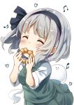  1girl :3 =_= beamed_eighth_notes blush chibi commentary_request cowboy_shot doughnut eating eighth_note floating_hair food green_skirt green_vest hair_ribbon heart highres holding holding_food konpaku_youmu konpaku_youmu_(ghost) leaning_forward musical_note pegashi pleated_skirt pon_de_ring ribbon shirt short_hair short_sleeves silver_hair simple_background skirt smile solo standing touhou vest white_background white_shirt 