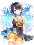  1girl bangs black_hair black_shirt blunt_bangs breasts choker closed_mouth hair_bun hair_ornament hair_ribbon highres ion_(on01e) looking_at_viewer medium_breasts medium_hair midriff_peek original palm_tree ribbon sailor_collar shirt short_shorts shorts sidelocks sitting sleeveless sleeveless_shirt smile solo star_(symbol) star_hair_ornament thigh_strap tree water white_background yellow_neckwear yellow_shorts 