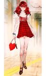  1girl arms_at_sides bag bow chain collarbone dress eyebrows_visible_through_hair frilled_dress frills hair_bow handbag heart high_heels highres huangdanlan indoors kneehighs persona persona_5 plaid plaid_dress pleated_dress red_bow red_dress red_eyes redhead scrunchie solo standing twintails wrist_scrunchie yoshizawa_kasumi 