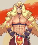  1boy abs bara belt blue_eyes bondage_outfit brown_hair bulge chest facial_hair fang gullinbursti_(tokyo_houkago_summoners) highres looking_at_viewer male_focus manly muscle nipples ohutongoro pectorals shirtless solo thick_eyebrows thighs tokyo_houkago_summoners upper_body yellow_eyes 