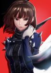  1girl absurdres bangs black_scarf blue_bodysuit bodysuit braid brown_eyes brown_hair crown_braid floating_hair gloves highres looking_at_viewer niijima_makoto open_mouth persona persona_5 red_background scarf shiny shiny_hair short_hair solo tirudo29 upper_body white_gloves 