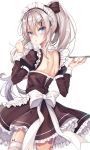  1girl 9a-91_(girls_frontline) absurdres back blue_eyes blush bow_dress eyebrows_visible_through_hair girls_frontline grey_hair hair_between_eyes hair_ribbon hairband highres long_hair looking_at_viewer maid maid_dress maid_headdress ponytail ribbon so_myeolchi solo thigh-highs white_background white_legwear 