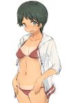  1girl alchera bangs bikini black_hair breasts collarbone commentary_request cowboy_shot drawstring green_eyes hood hooded_jacket hoodie jacket kantai_collection mogami_(kantai_collection) red_bikini short_hair side-tie_bikini simple_background small_breasts solo swept_bangs swimsuit tan tanline white_background white_jacket 